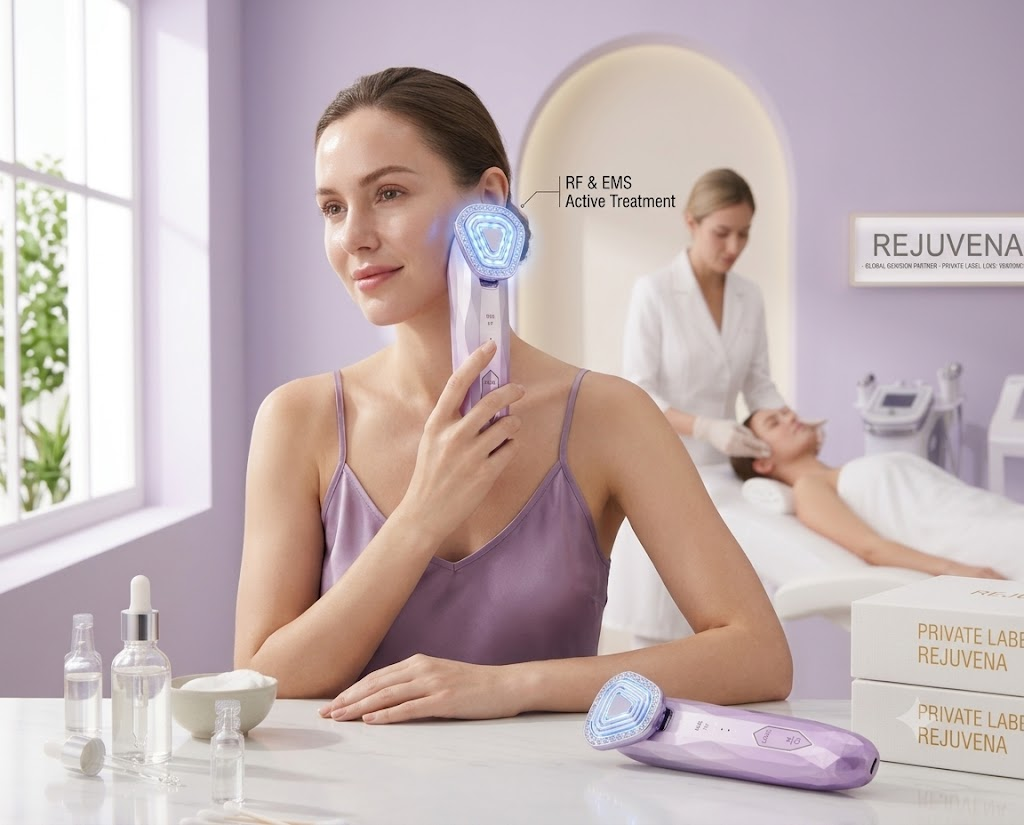 Model using a purple RF and EMS beauty device with LED light therapy on her cheek for facial lifting and skin tightening