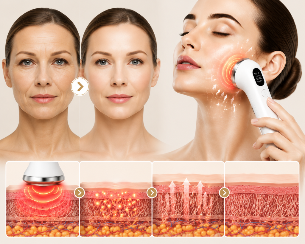 RF anti-aging beauty device showing before and after skin tightening results with collagen stimulation technology