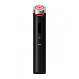 Home Black portable LED RF EMS facial beauty wand with red light probe, digital display, power and mode button, home skin lifting essence absorption beauty device, white background product shot