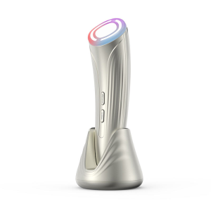 Home 7-in-1 Hot Cold LED Photon EMS Facial Beauty Device with wireless charging base, champagne silver anti-aging facial lifting skincare instrument