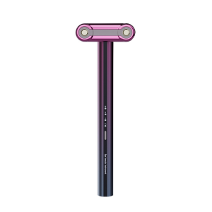 Gradient purple EMS Red Light Heating Eye Beauty Wand, 90° rotatable massage head, EMS microcurrent lifting, red light rejuvenation and constant 43℃ thermal heating eye skincare device on white background