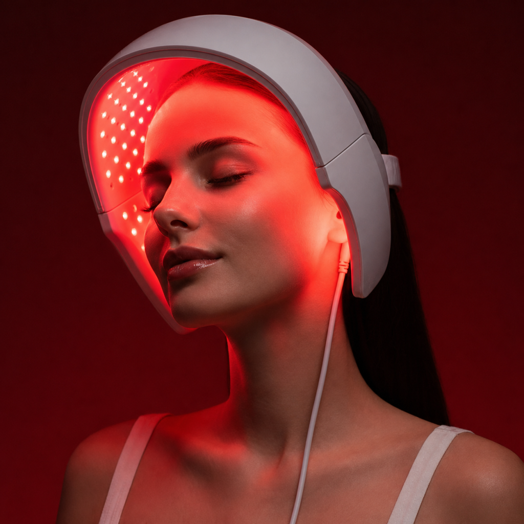 Woman using foldable red LED light therapy facial mask for skin rejuvenation against dark red background