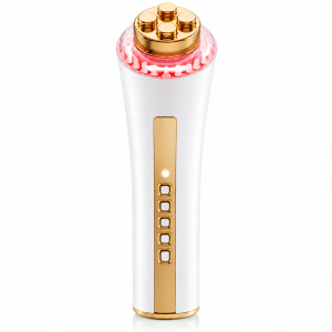 Home Champagne gold 3MHz ultrasonic facial beauty device with light therapy and LCD screen display.