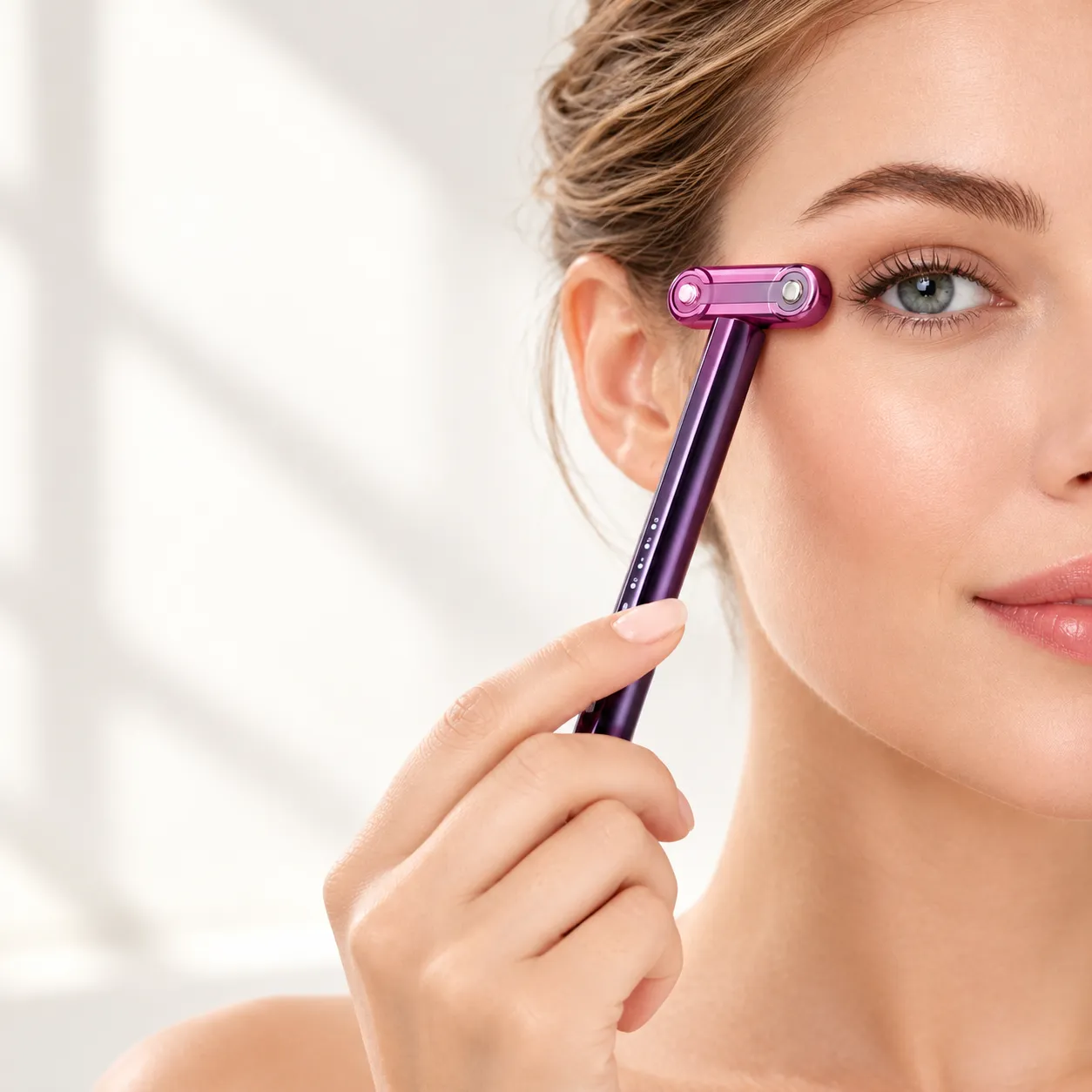 Portable home eye massage wand with 90° rotatable head, EMS microcurrent, red light therapy, and 43℃ warm compress.