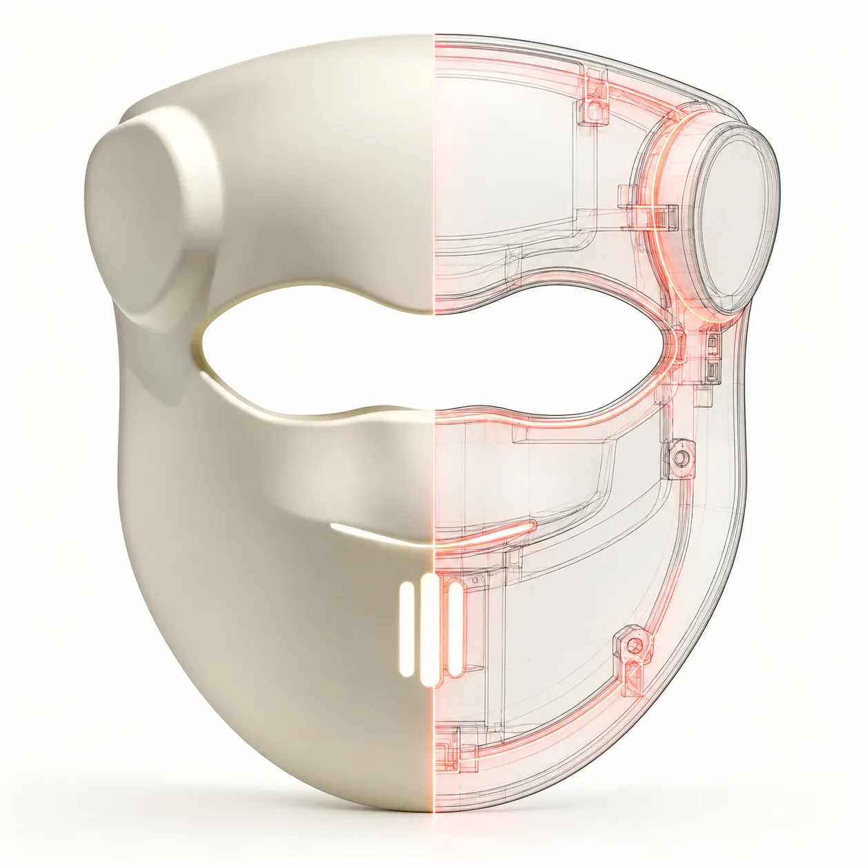Split-view rendering of an LED facial mask showing ergonomic exterior design and internal optical circuit structure for 2026 home-use beauty device market trends.
