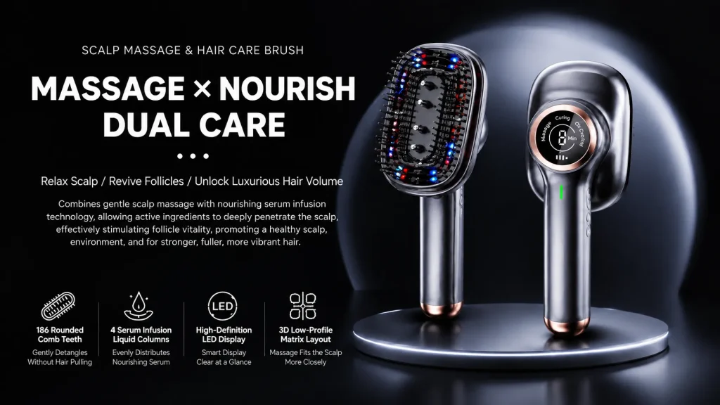 Scalp massage and hair care brush, massage and nourish dual care with 186 rounded teeth, 4 serum infusion columns and LED display