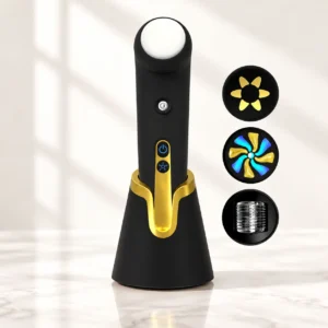 5-in-1 interchangeable head facial beauty device with RF, EMS, microneedling, and LED therapy heads on charging dock.