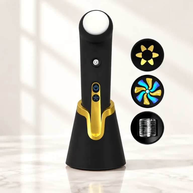 5-in-1 interchangeable head facial beauty device with RF, EMS, microneedling, and LED therapy heads on charging dock.
