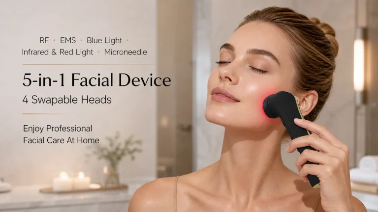 Woman using 5-in-1 facial beauty device at home, 4 swapable heads for professional facial rejuvenation