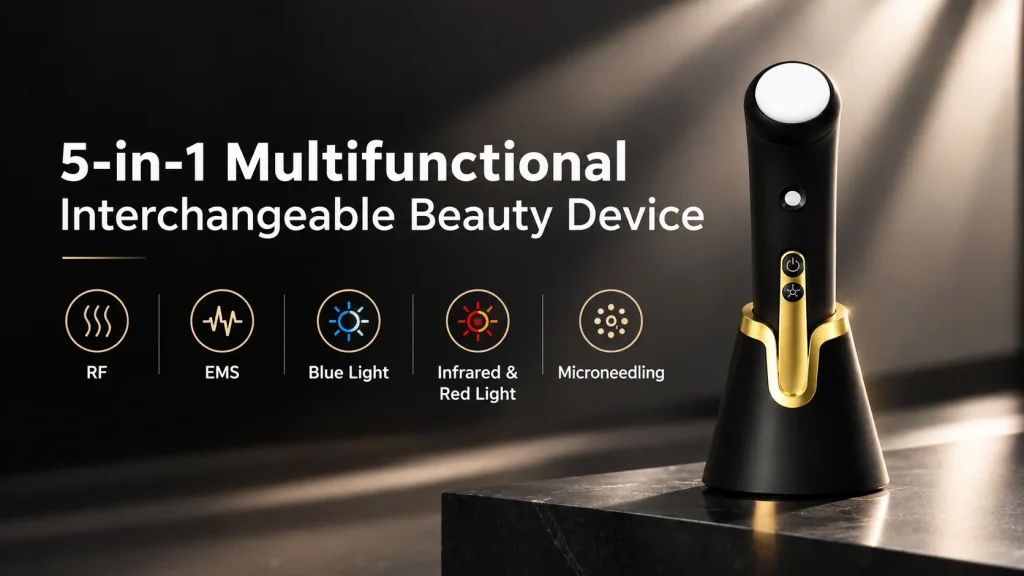5-in-1 multifunctional interchangeable facial beauty device with RF, EMS, blue light, infrared red light and microneedling functions