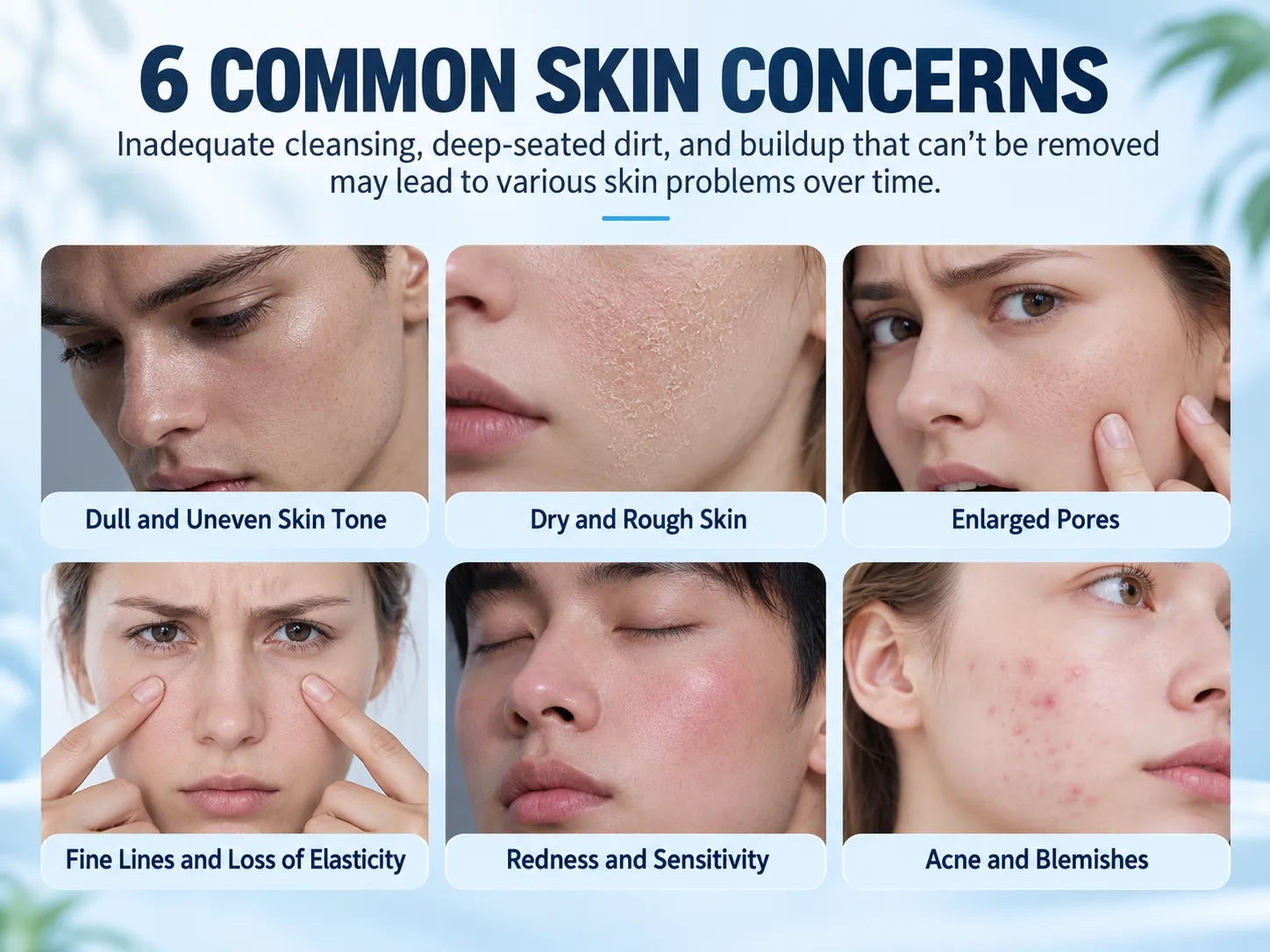 infographic showing six common skin problems: dull uneven tone, dry rough skin, enlarged pores, fine lines, red sensitive skin, acne blemishes