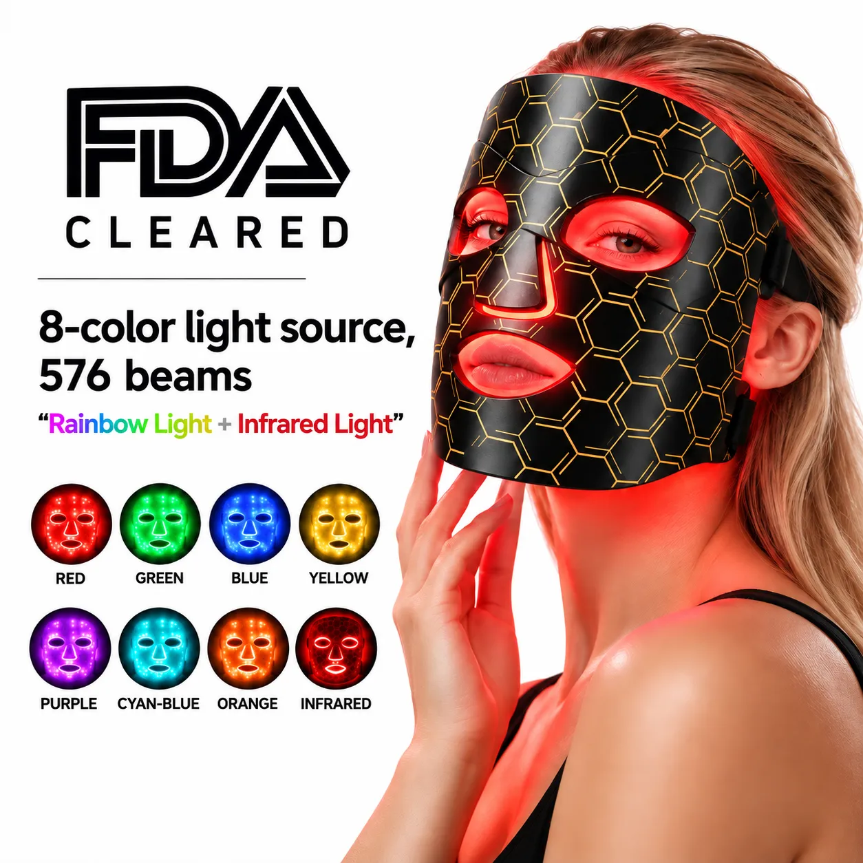 Woman using black honeycomb LED facial mask, 8-color light source 576 beams, 7 visible colors plus near infrared light