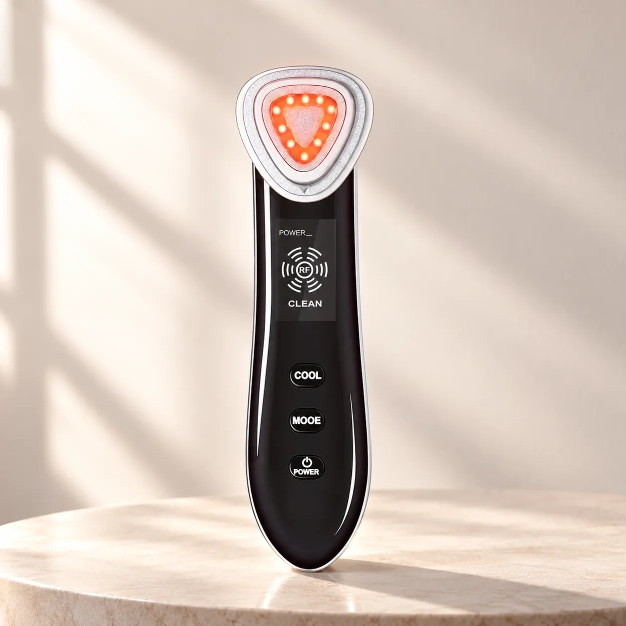 8-in-1 multi-functional handheld facial and body beauty device with active RF heating head on charging dock.