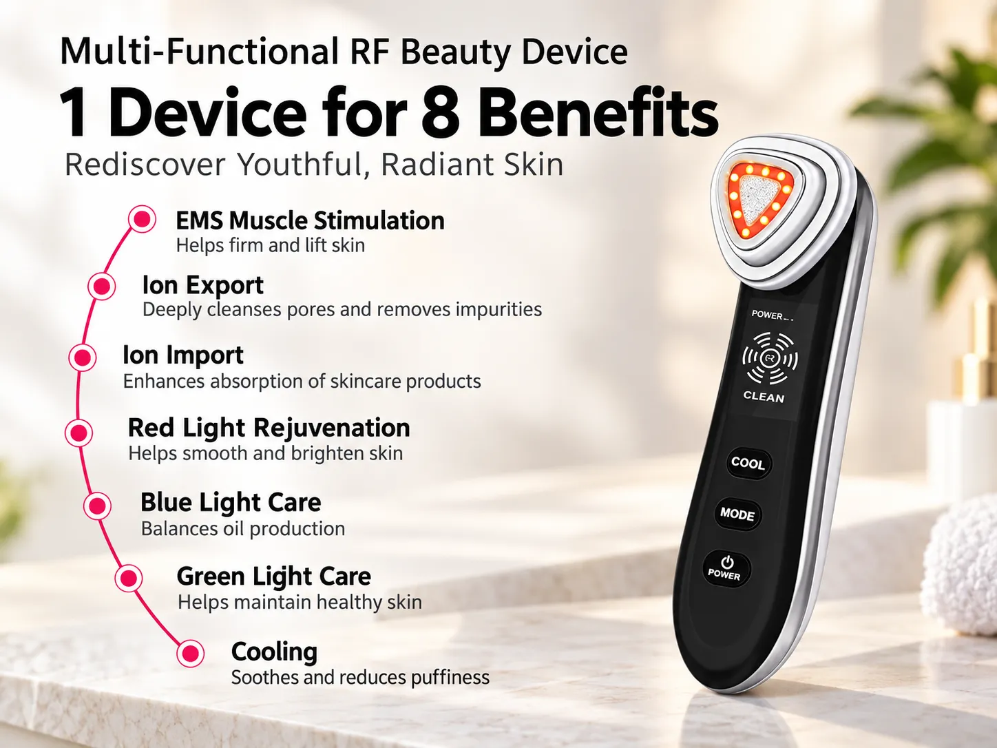 8 benefits multifunctional rf beauty device, ems muscle stimulation, ion import export, rgb light therapy, cooling care