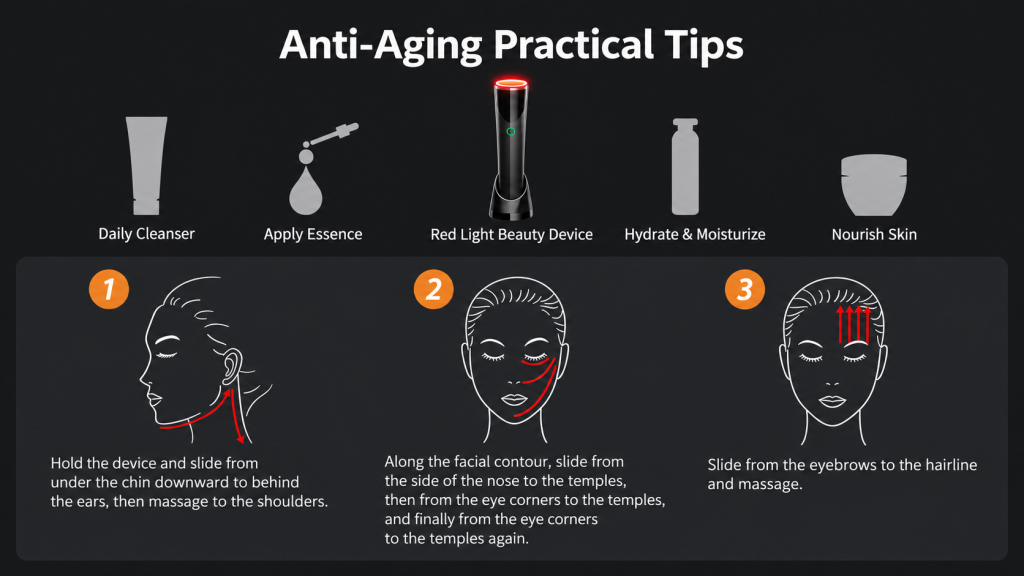 Anti-aging skincare routine guide diagram, usage massage directions for red light beauty device