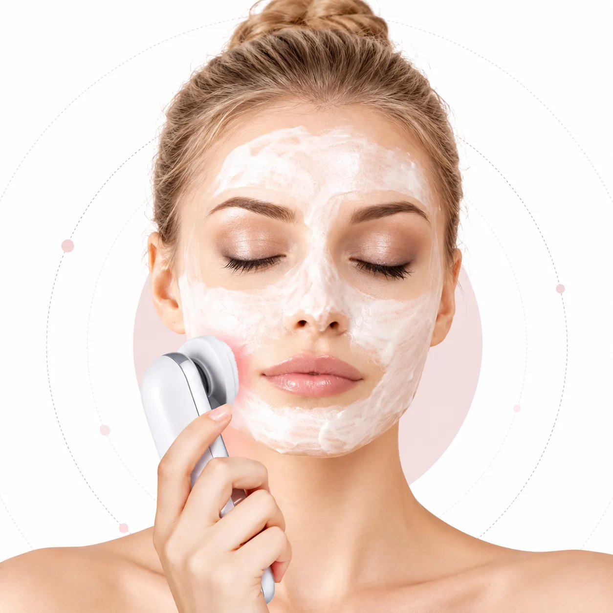 woman using handheld facial beauty device on cheek with skincare mask, home facial spa