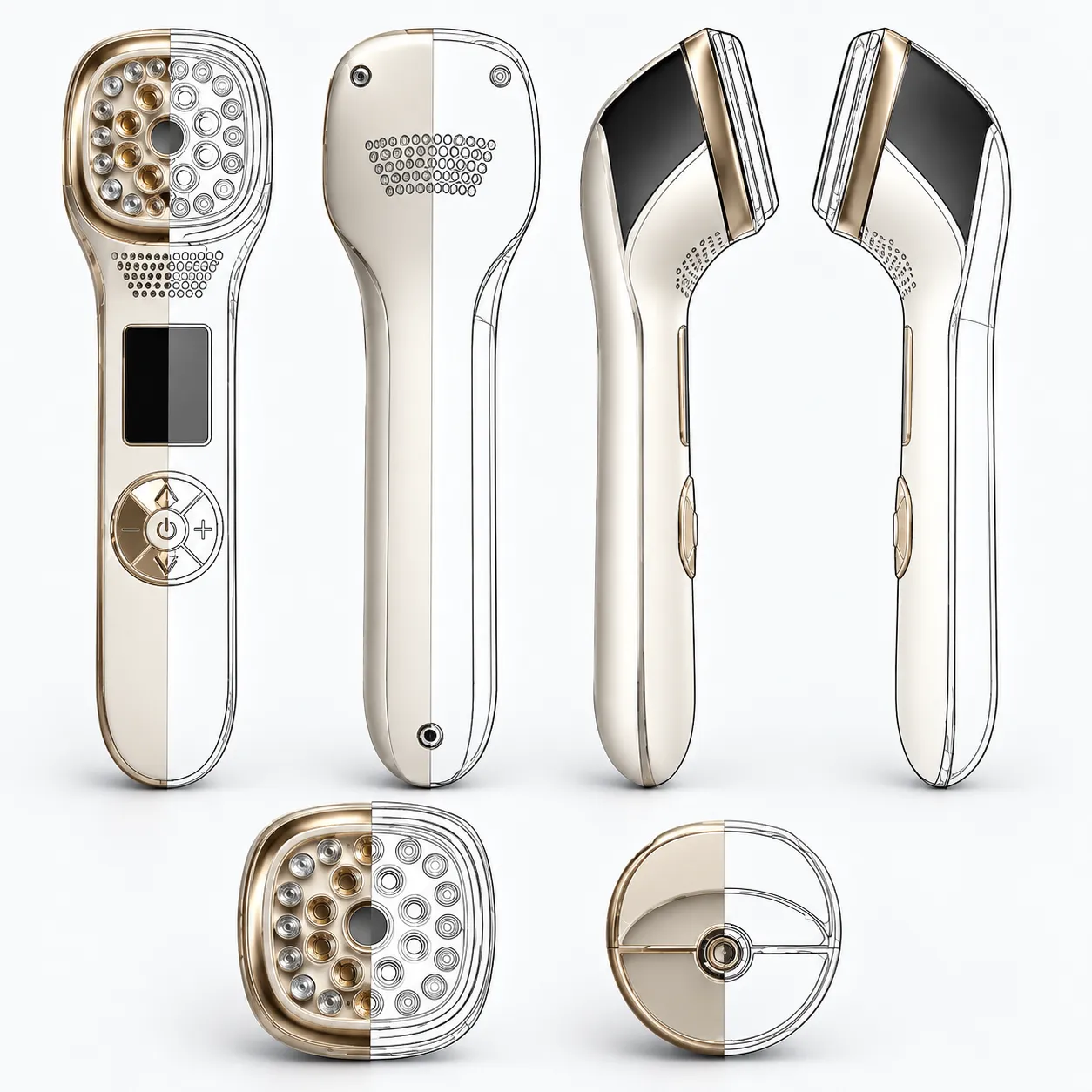 Half-rendered and half-line-art technical diagram of a handheld RF and LED beauty device showing internal engineering for global safety compliance standards.