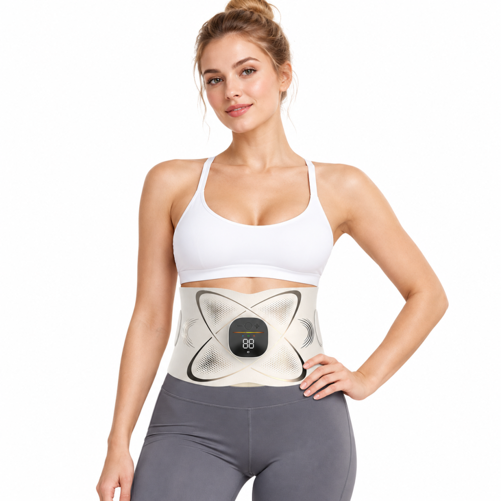 EMS abdominal toning belt for body care, wearable muscle stimulator belt with LED display for abdomen training