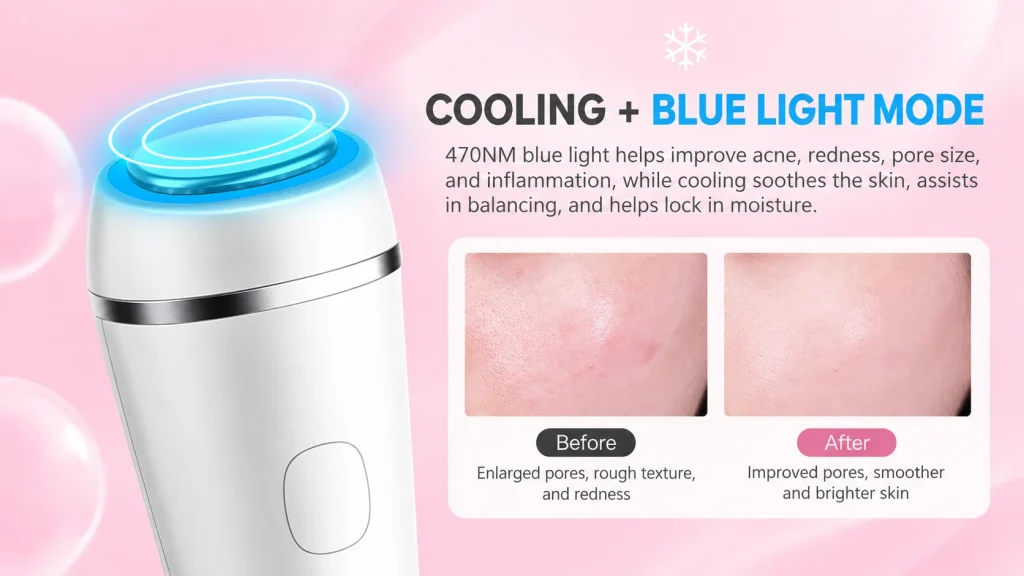 Cooling & 470nm blue light facial beauty device, improves acne, redness and enlarged pores