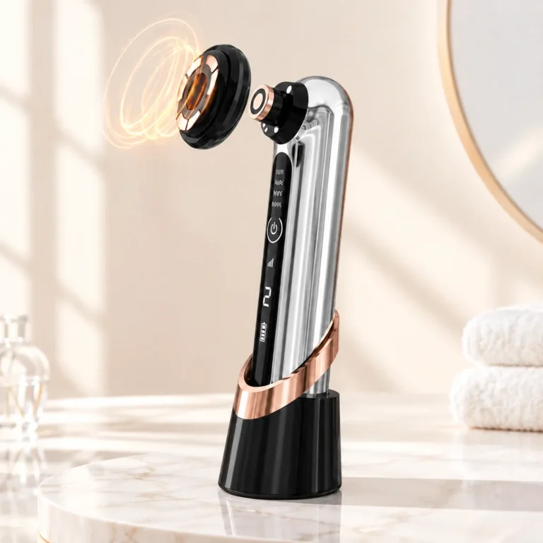 Silver and rose gold Diamond Sculpting handheld anti-aging device with glowing RF treatment head in charging base.