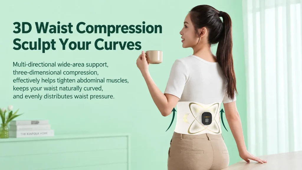 Woman standing with EMS waist massager belt, 3D waist compression for curve sculpting