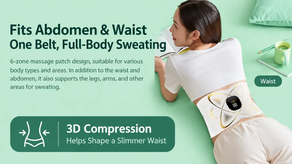 Woman lying down wearing EMS waist massager belt, 6-zone massage pad for abdomen waist legs arms
