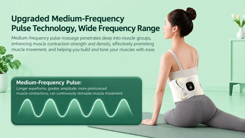 Woman wearing EMS waist massager belt on yoga mat, upgraded medium-frequency pulse technology waveform illustration
