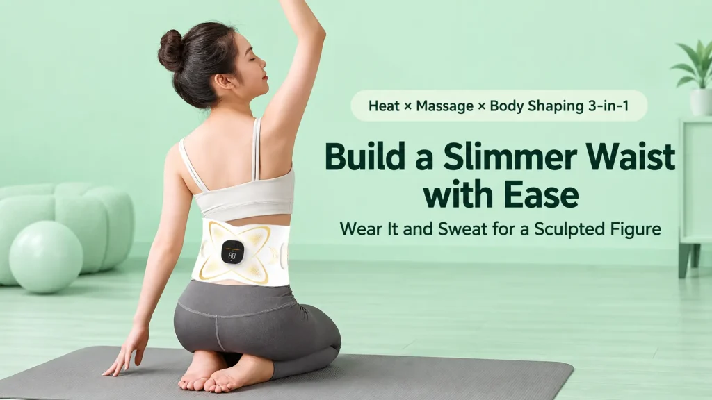 Woman wearing white EMS waist massager belt with heating function, 3-in-1 heat massage body shaping belt