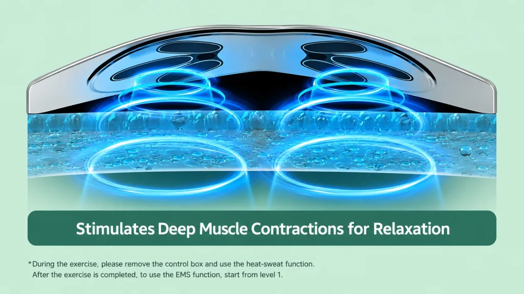 Cross-section diagram of EMS waist massager showing deep muscle contraction stimulation