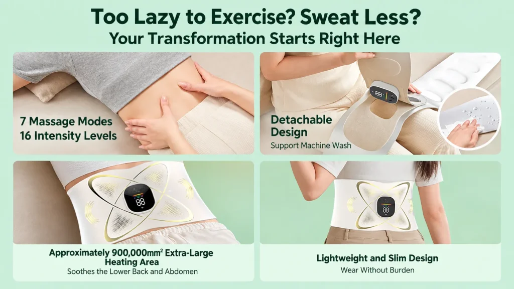 Infographic showing features of EMS waist massager belt:7 massage modes,16 intensity,detachable washable,large heating area, slim lightweight
