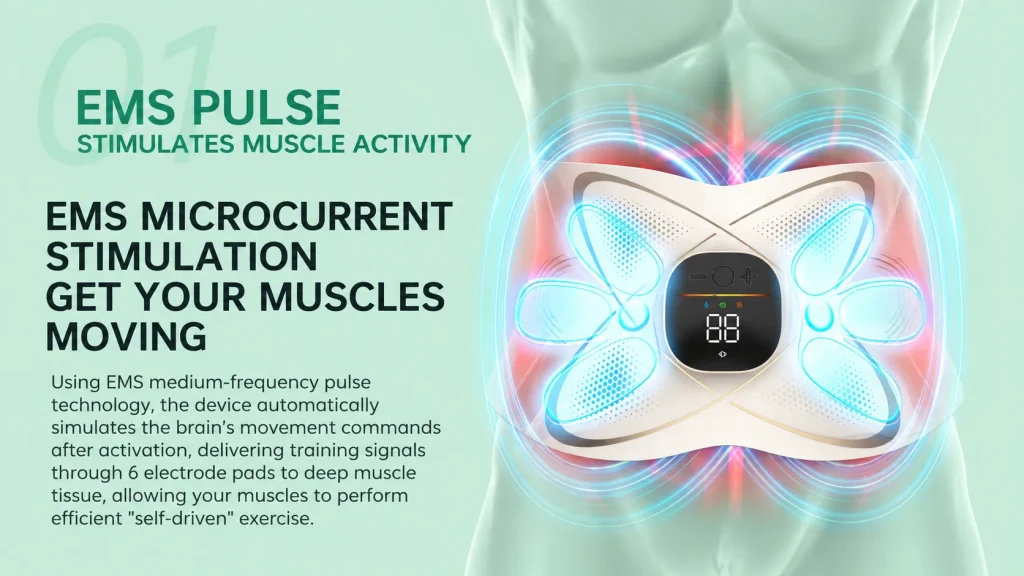 EMS pulse technology diagram of waist massager belt, microcurrent stimulates abdominal muscle activity