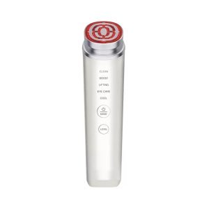 White multifunctional facial beauty device with 5 mode buttons Clean Boost Lifting Eye Care Cool