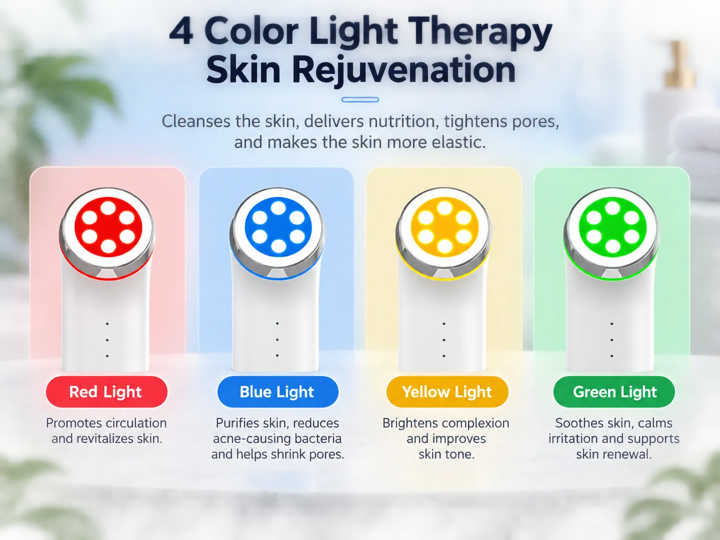 4 color phototherapy facial massager heads, red blue yellow green light, each light for different skin rejuvenation benefits