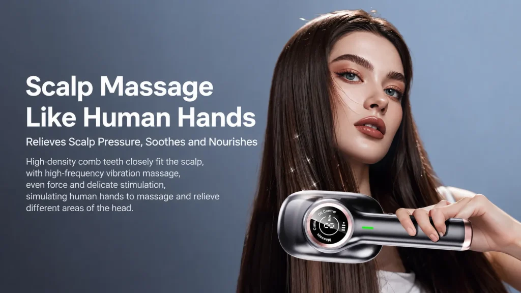 Woman using handheld electric scalp massage comb, high frequency vibration massage simulates human hands to soothe scalp pressure