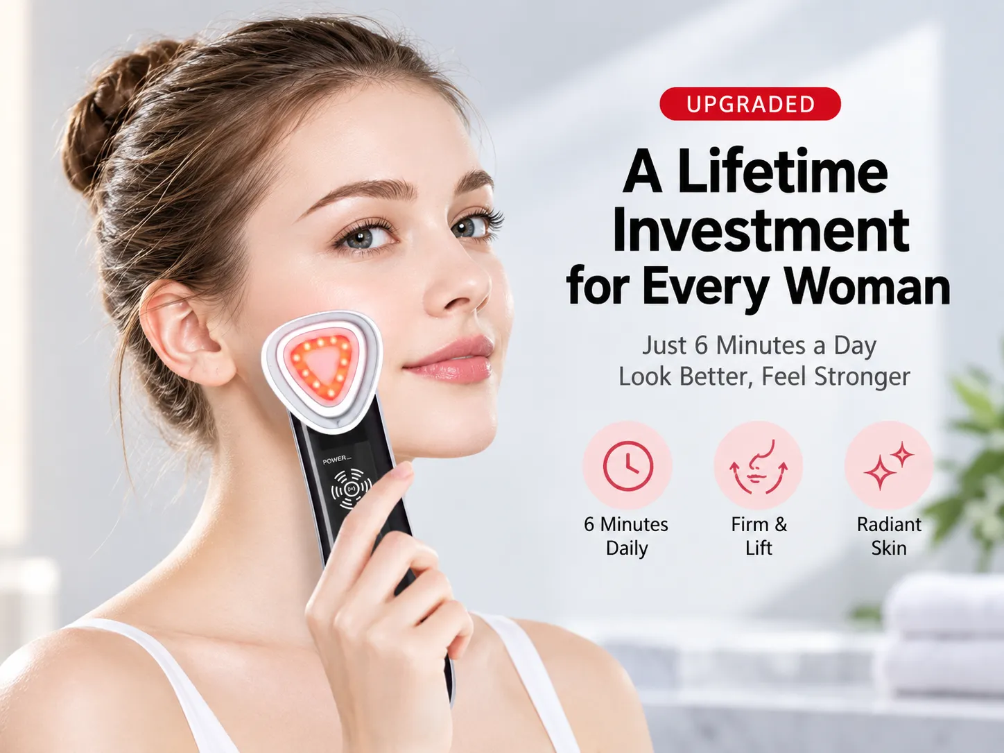 woman using upgraded rf facial beauty device on cheek, daily 6 minutes skincare, firm and lift skin for radiant complexion