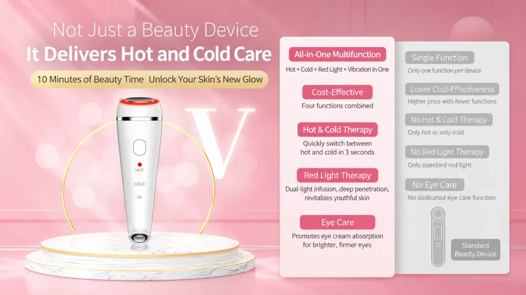 All-in-one hot cold facial beauty device with red light therapy and eye care, compare with single function standard beauty instrument