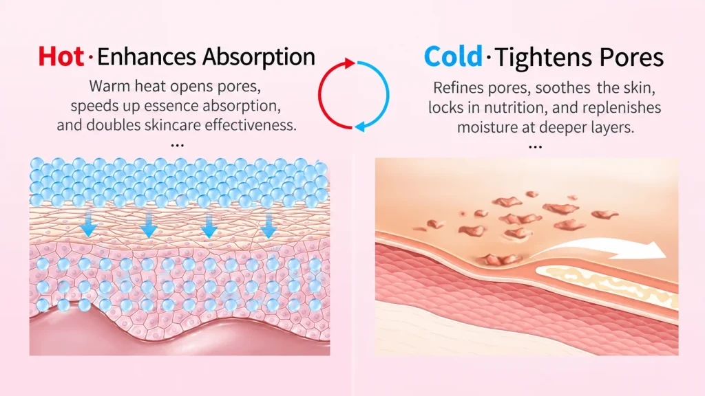 Skin layer diagram showing hot mode boosts essence absorption and cold mode tightens pores