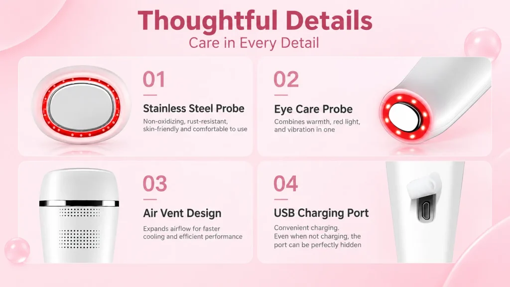 Details of hot cold facial massager, stainless steel probe, eye care probe, air vent and hidden USB charging port