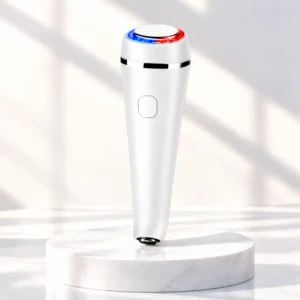Dual hot and cold facial beauty device with red and blue LED light therapy, 13000 rpm vibration massage, and desktop charging base.