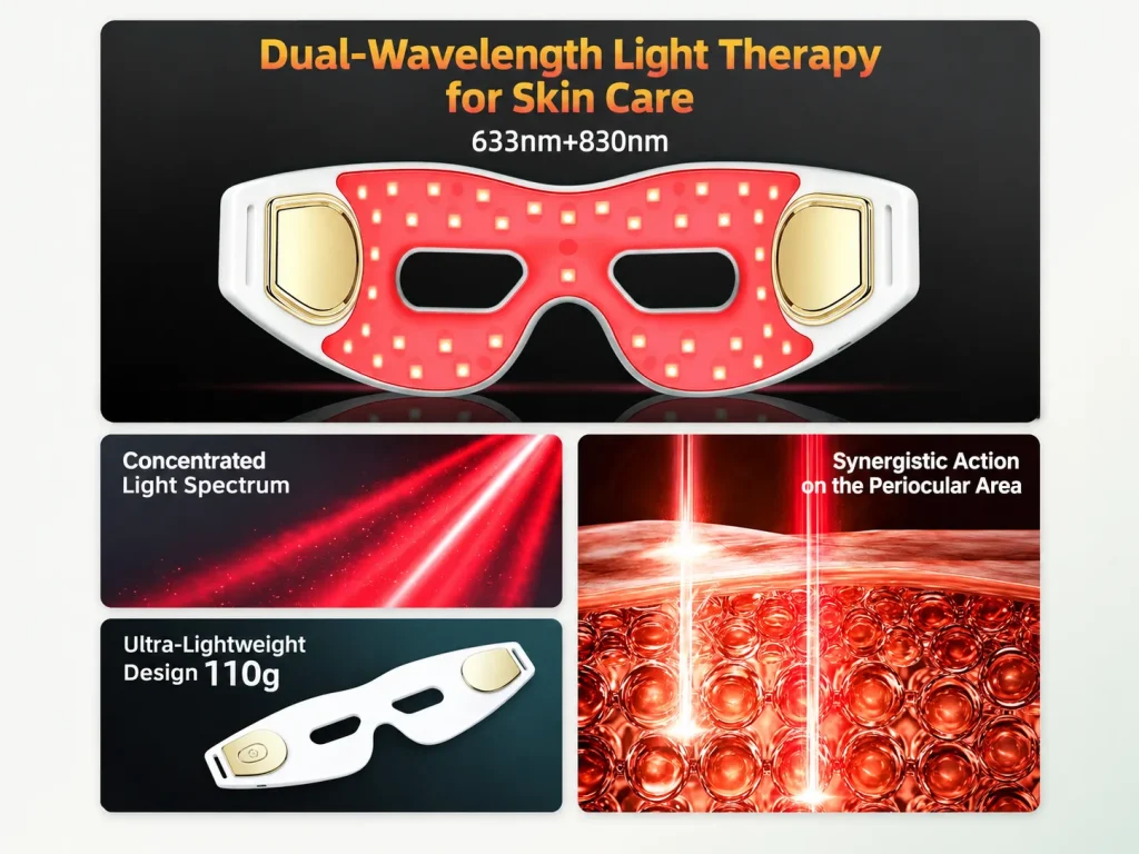Dual-wavelength 633nm red and 830nm near infrared LED eye mask, concentrated light spectrum, ultra-lightweight 110g design for periorbital skin care