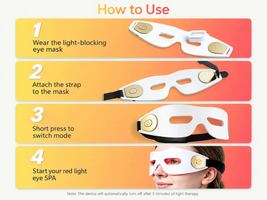 How to use LED light therapy eye mask, 4-step operation guide, auto shut off after 5 minutes