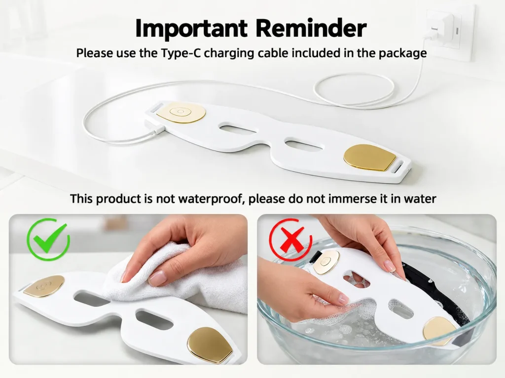 Important reminder for LED eye mask, Type-C charging cable included, not waterproof, wipe clean with cloth, do not immerse in water