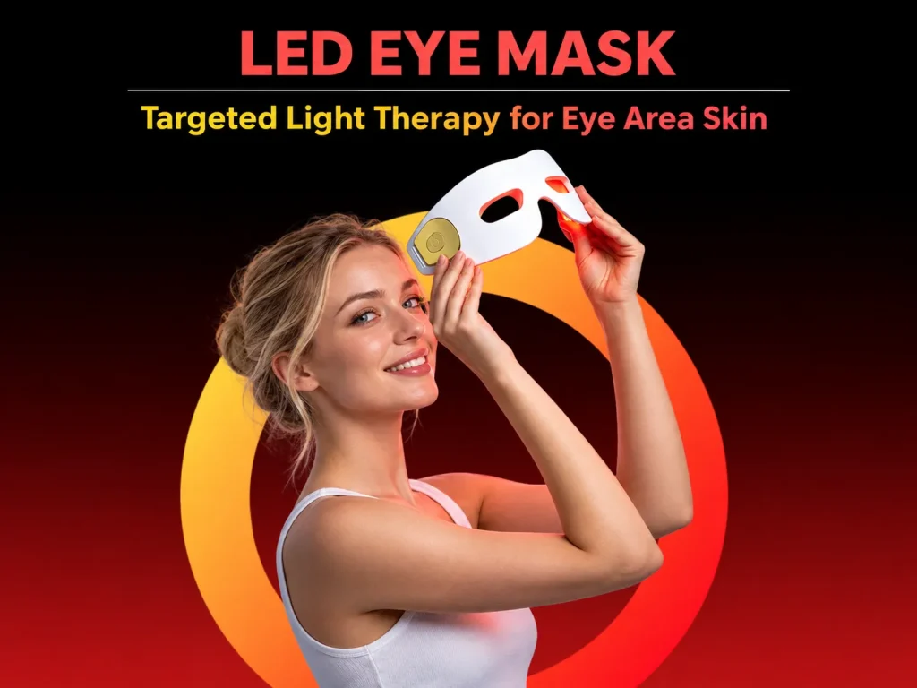 Woman holding LED eye mask, targeted red light therapy for eye area skincare at home