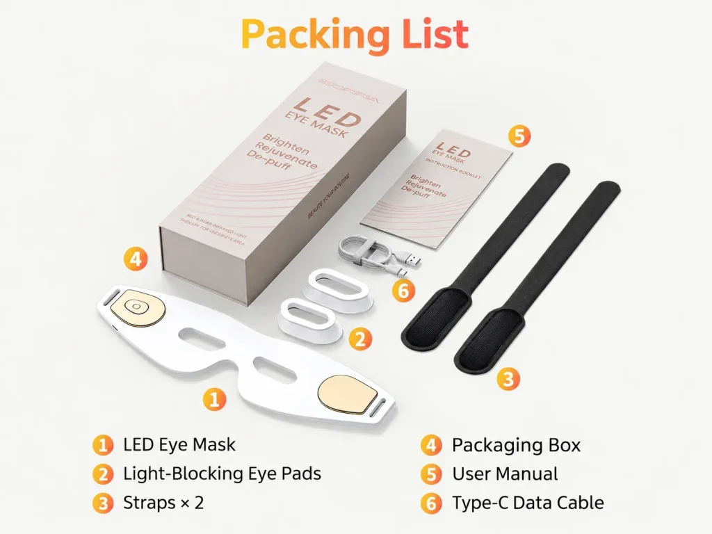 LED eye mask packing list, includes mask, light-blocking eye pads, 2 straps, gift box, user manual, Type-C cable
