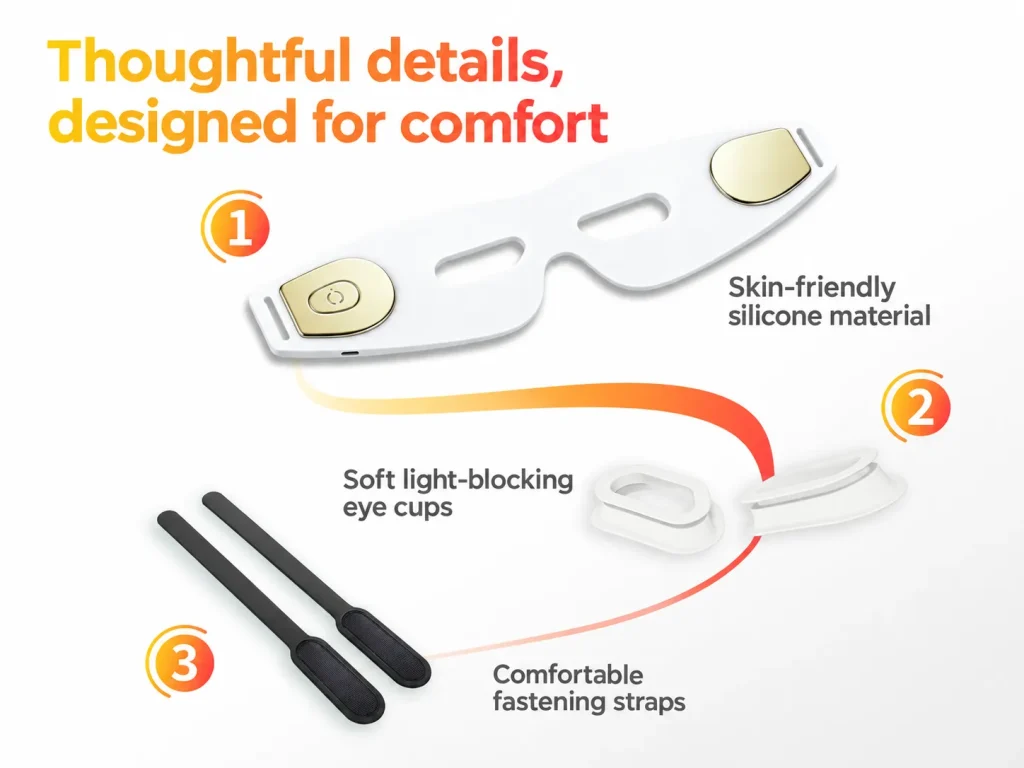 LED eye mask thoughtful comfort details, skin-friendly silicone, soft light-blocking eye cups, adjustable fastening straps