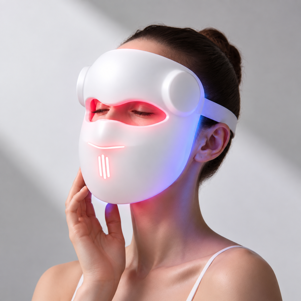 woman wearing white led facial mask with red and blue light, home led light therapy mask for facial skin rejuvenation