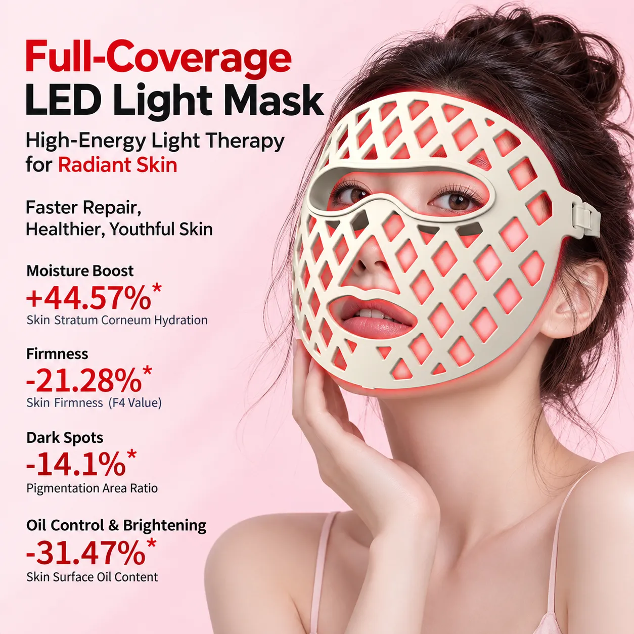 Woman wearing 7 color LED facial mask, full coverage LED light therapy mask for radiant skin