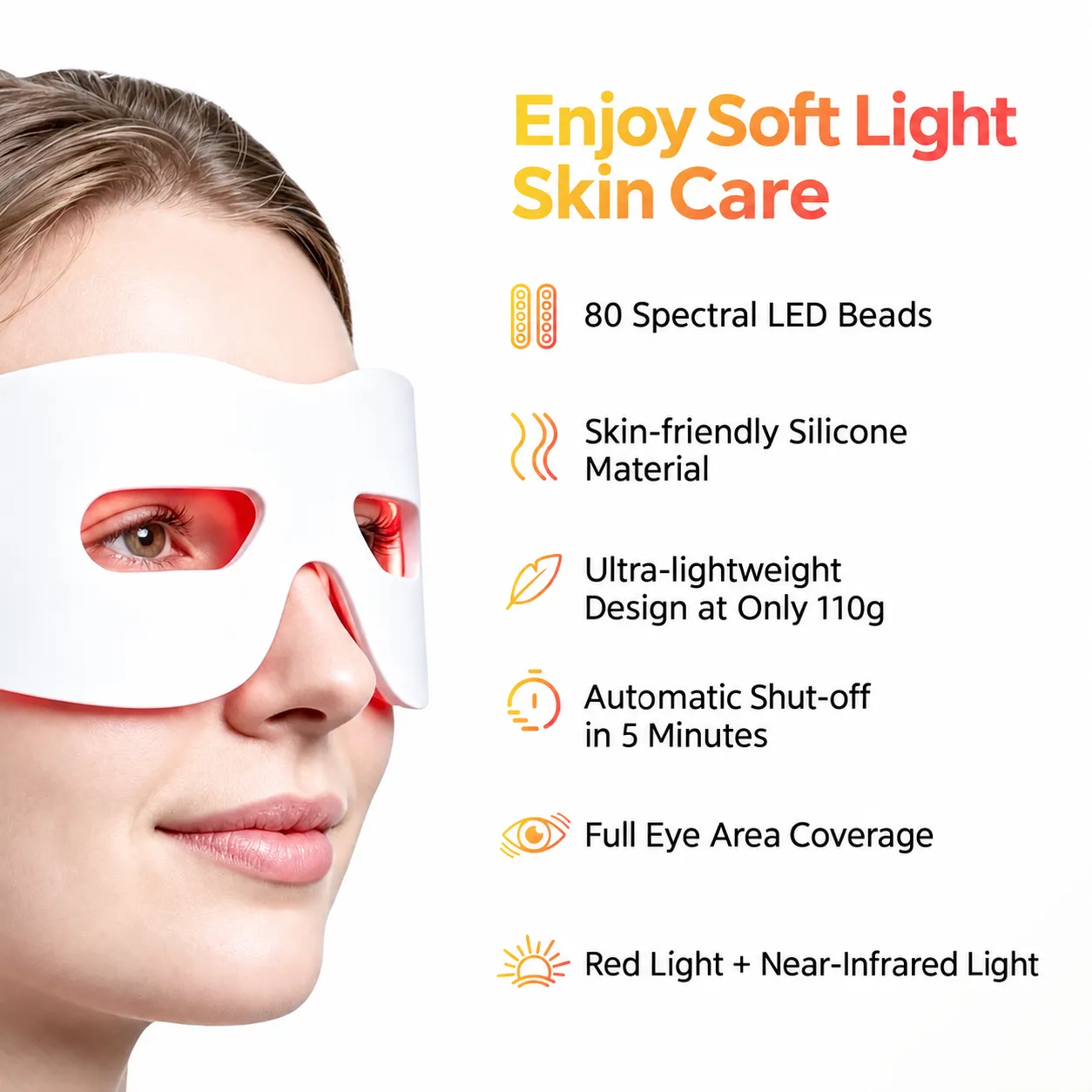 Wireless silicone LED light therapy eye mask with 80 spectral LED beads, red and near-infrared light for eye skincare