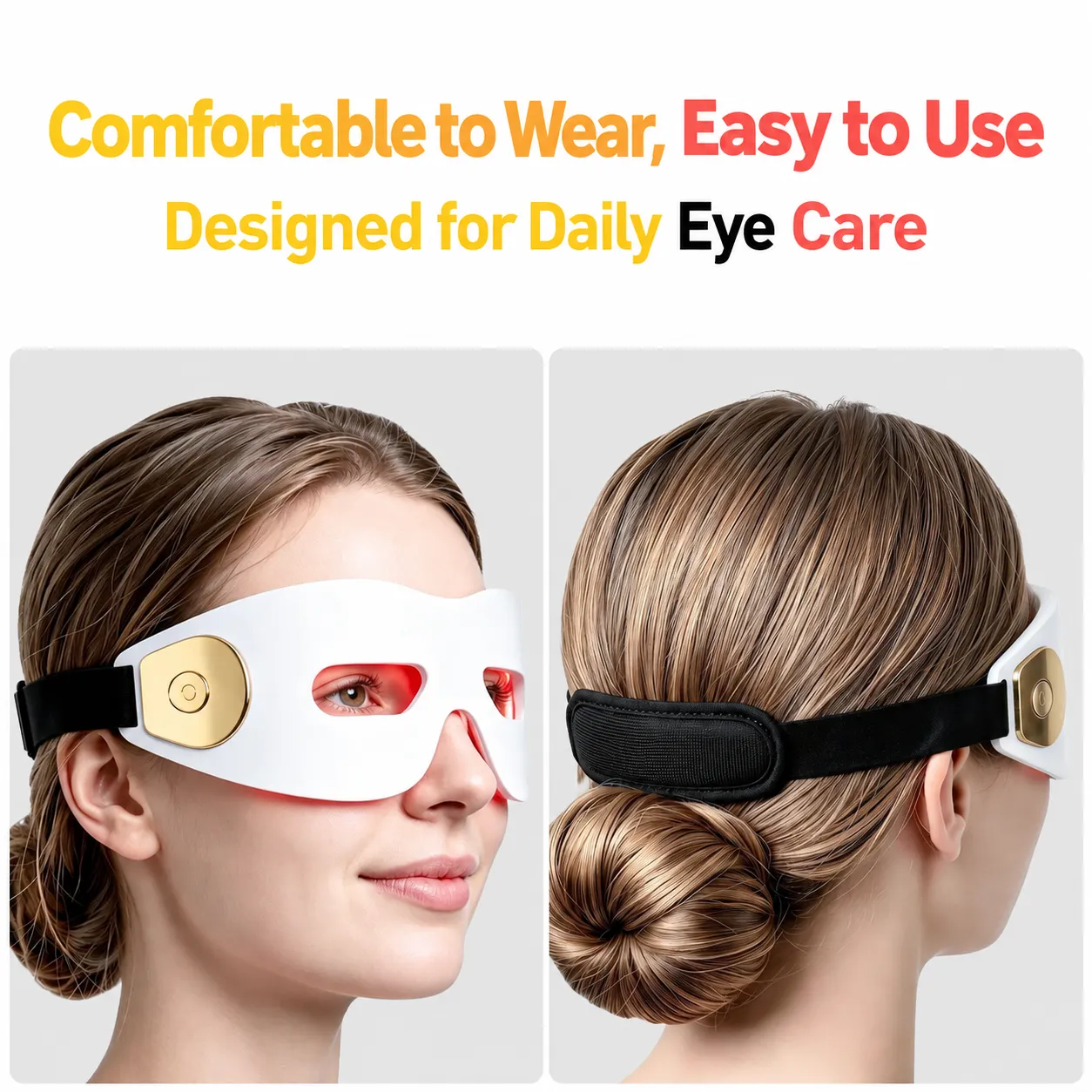 Model wearing LED light therapy eye mask front and back view, comfortable daily eye care