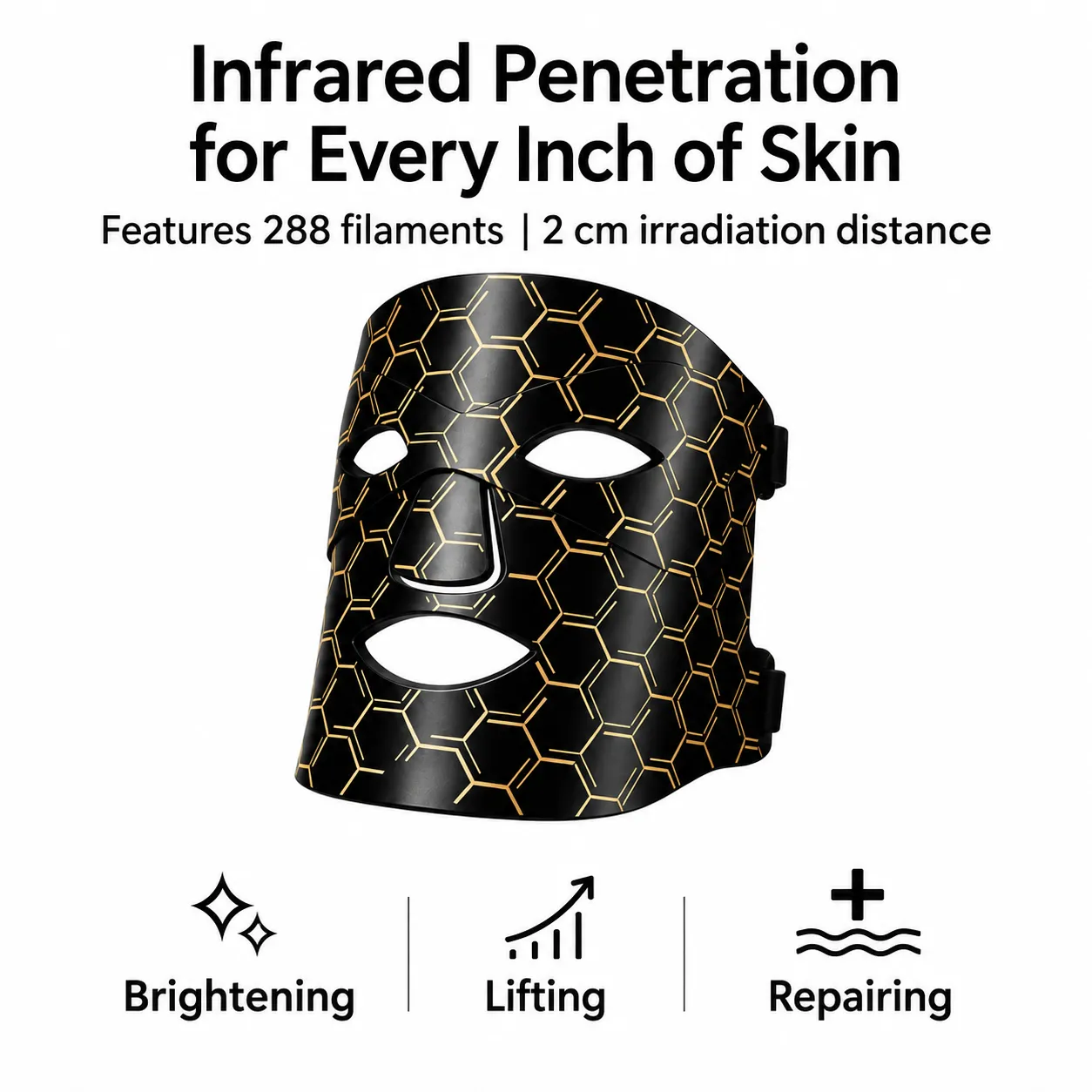 lHoneycomb LED mask, infrared light penetrates skin, brightening lifting repairing skincare benefits
